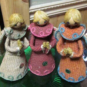 3 jute angels holding christmas candle MCM 1950s decor 7 in angles